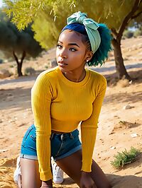 A Nigerian girl with teal hair stands in the outdoor setting of Gethsemane Israel