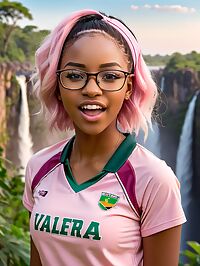 The Tanzanian girl stands near the roaring falls at dusk