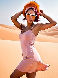 Caribbean woman with burgundy hair and pink dress sunbathes at the Sahara Dunes in Morocco