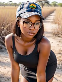 A 32 year old African girl wearing a black sundress in the Okavango Delta