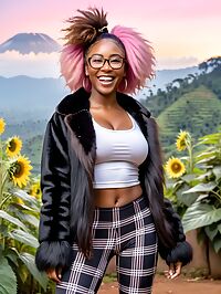 Brunette with contrasting streaks stands in twilight Rwanda