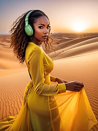 Black woman wears a yellow wedding dress on Sahara Dunes at dusk