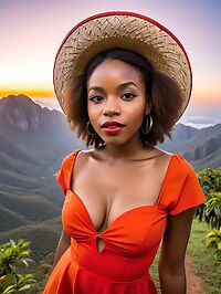 A petite woman in a red dress under the stars of Mount Mulanje at dawn