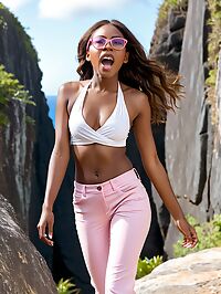 Dark skinned beauty posing seductively by sheer rock formations