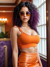 A sultry brunette in a purple crop top and orange microskirt dominates the banquet hall